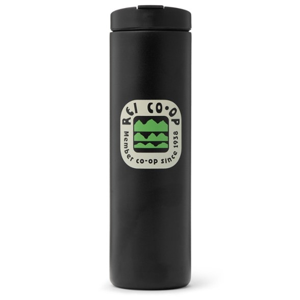 Front view of REI Co-op insulated travel mug with leakproof flip lid and community design