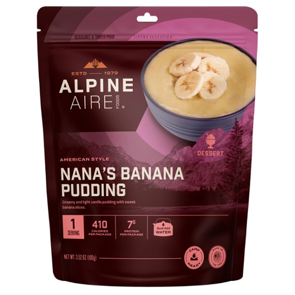 Single serving pack of instant banana pudding mix, perfect for backpacking dessert on the go