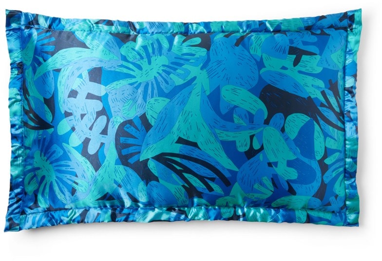 Front view of Nature Nap Luxe satin pillow with smooth satin cover protecting natural hair during camping