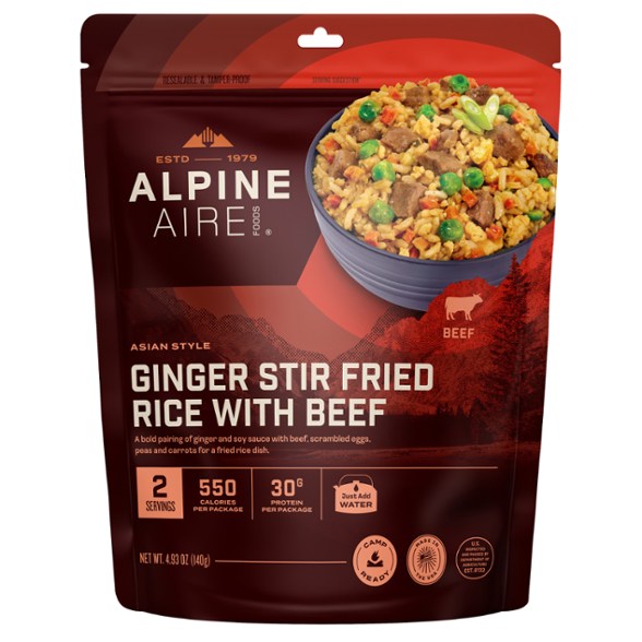 Front view of the freeze dried meals packet showing TrailFuel Ginger Beef Stir Fry branding and ingredients.