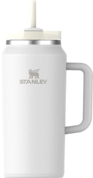 Close-up of Stanley Quencher 64 oz insulated tumbler showing its lid features and design.