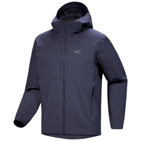 Gamma Outdoor Soft Shell Hoody for men, showing the front view in an outdoor setting.