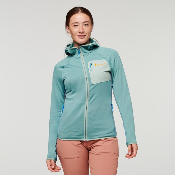 Front view of the women's hooded fleece jacket showcasing its stylish design and fit.
