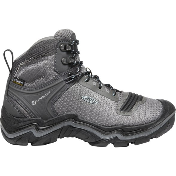 Side view of women's hiking boots showing mesh uppers and mid-height waterproof build