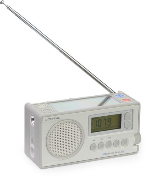 Front angle of the BlazePro Bluetooth emergency radio showing digital display and controls