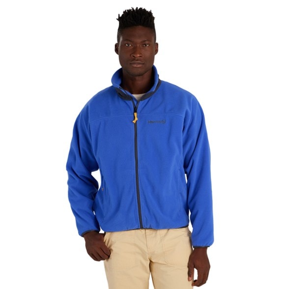 Eco-friendly trail fleece jacket for men showcased in a hiking setting.