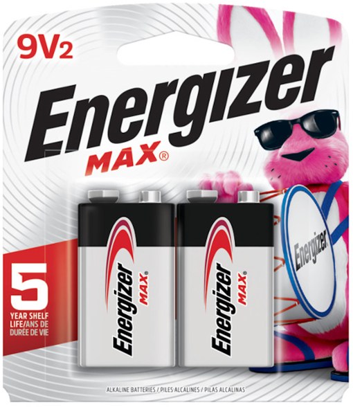 Front view of Energizer MAX 9V alkaline batteries pack of 2, ideal for smoke detectors