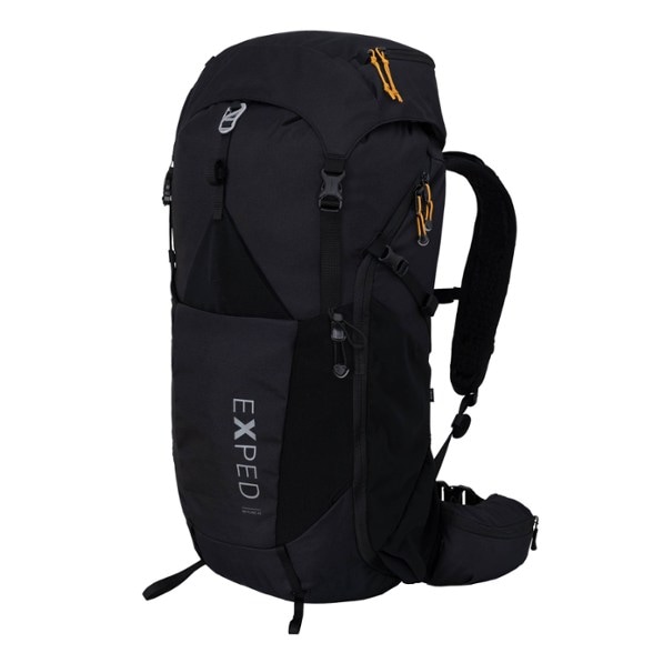 Front view of the waterproof backpack with raincover deployed, ideal for wet hiking conditions