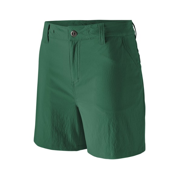 Eco-friendly women's hiking shorts shown from the front, highlighting modern fit and pockets.