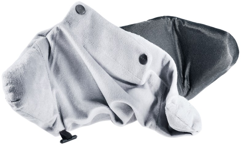 Comfortable chin pad attached to outdoor baby carrier on a hiking trail.