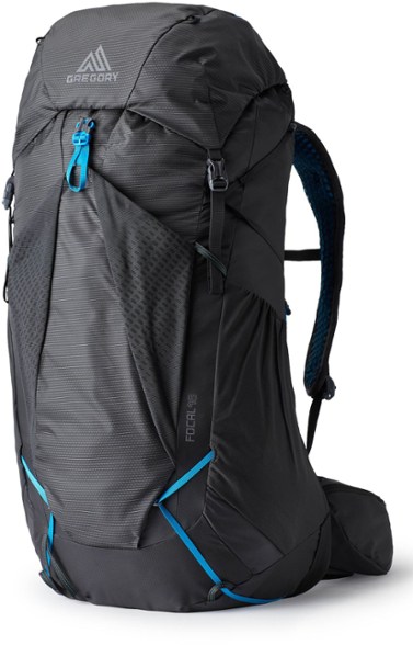 Side view of Gregory AeroLite 48 men's hiking backpack showing lightweight aluminum internal frame and hipbelt pockets