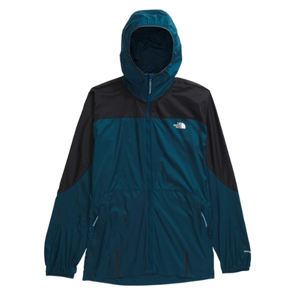 Front view of the women's windbreaker jacket with hood showing reflective collar and full zipper