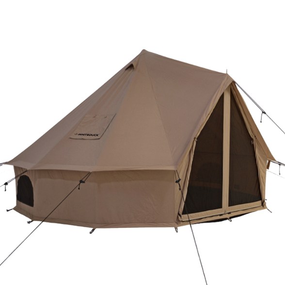 Exterior view of the spacious 4-season family bell tent set up in a campsite