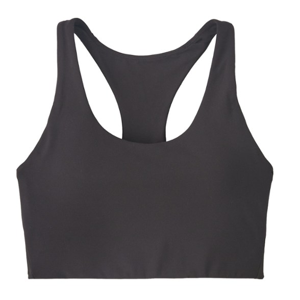 Patagonia Mid-Impact Sports Bra in a workout setting, showcasing its breathable fabric and wide underbust band.