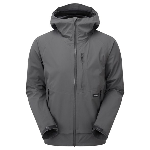 Men's Shadow Canyon jacket with helmet hood in action on a hiking trail.