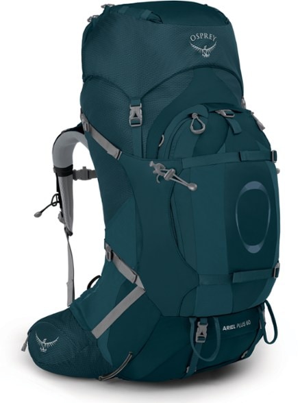 Osprey Ariel Plus 60 backpack on a scenic mountain trail, highlighting its adjustable straps.