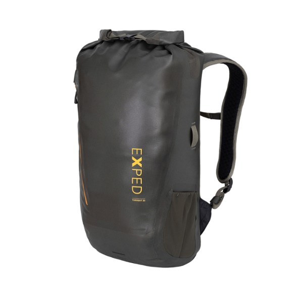 Side view of the Torrent 20 Waterproof Daypack showing its roll-top closure and side mesh pockets.