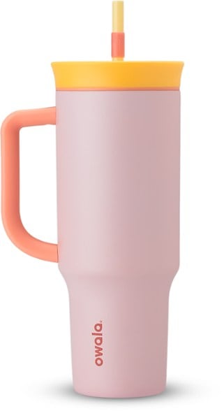Owala FreeSip 40 oz tumbler featuring a push-button lid and straw, ideal for cold drinks.