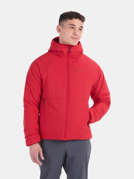 Image of Marmot Novus Insulated Hoody for Men, highlighting the comfortable fit and stretchable fabric.