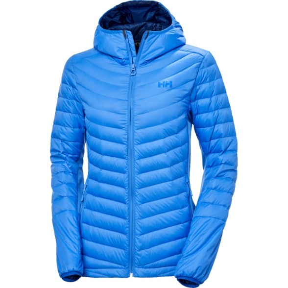 Front view of Helly Hansen Verglas packable down hybrid jacket for women showing adjustable hood and zipper pockets