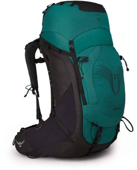 Osprey Women's AirScape 68 pack on a rugged trail, highlighting its water-resistant features.