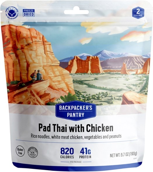 Savory chicken Pad Thai in a camping setting, ready to eat after a hike.