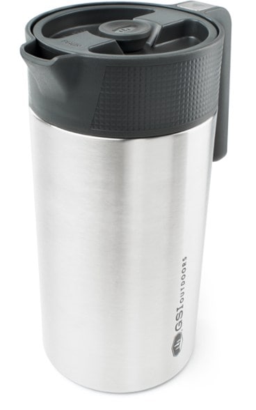 Side view of GlacierPro vacuum press showing rugged stainless steel body and molded handle for camping coffee