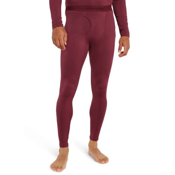 Front view of men's merino wool thermal base layer leggings with fly, ideal for winter hiking and skiing