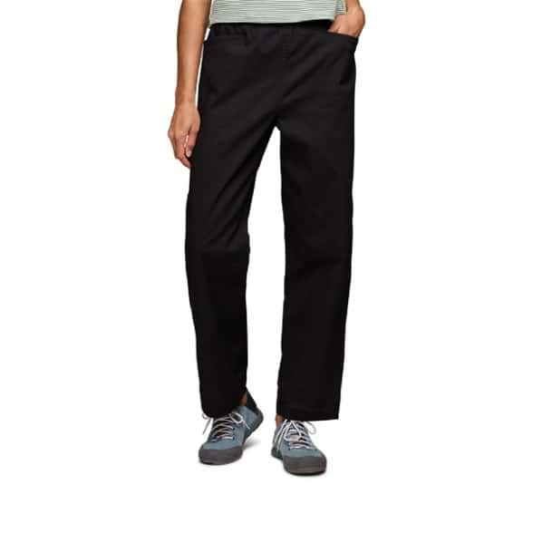 Side view of women's climbing pants showcasing pockets and elasticized waist for a secure fit.