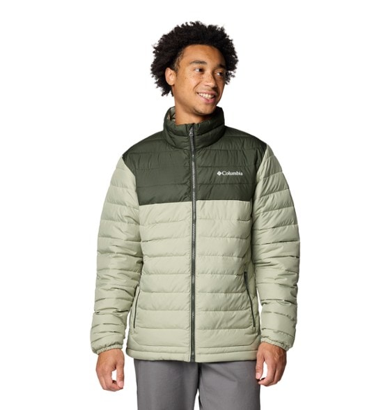 Front view of Columbia Powder Lite II men’s insulated jacket showcasing lightweight warm hiking design