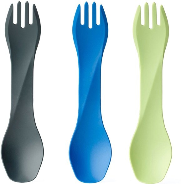 Eco-friendly kids spork set displayed outdoors, perfect for camping meals.