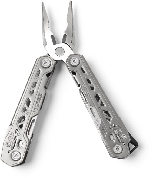 Gerber Truss multi-tool open showing spring-loaded pliers and dual blades, perfect for camping use
