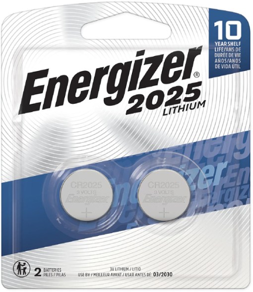 Energizer CR2025 battery pack with two 3V lithium cells on a white background.