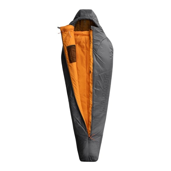TrailGuard mummy sleeping bag laid out flat showing anatomical footbox and front zipper.