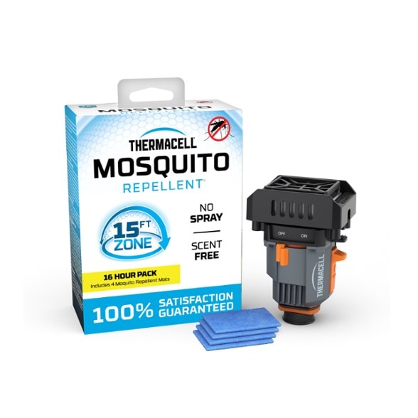 Thermacell Backpacker Mosquito Repeller on a camping table, with a stove in the background