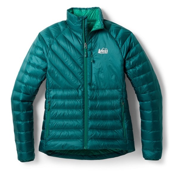 Front view of women's down jacket with 850 fill down insulation in vibrant cobalt, ideal for winter backpacking women