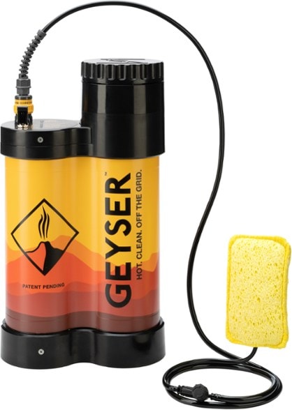 GeyserPro HotFlow portable shower with heater showing control valve and LED dashboard