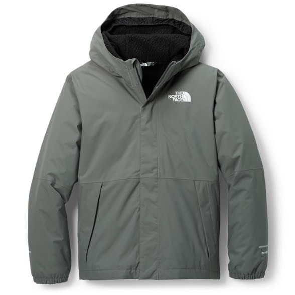 Side view of the eco-friendly insulated rain jacket for boys, showcasing the cozy fleece-lined hood.