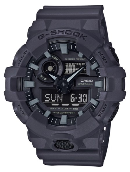 G-Shock GA700 watch from the side, highlighting its durable design and LED light feature.