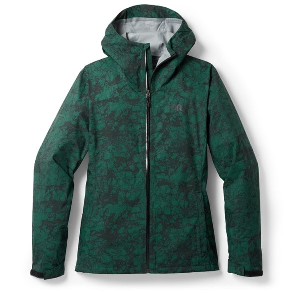 Eco-Friendly Women's Stretch Waterproof Jacket on a hiking trail, showcasing its adjustable hood and breathable fabric.