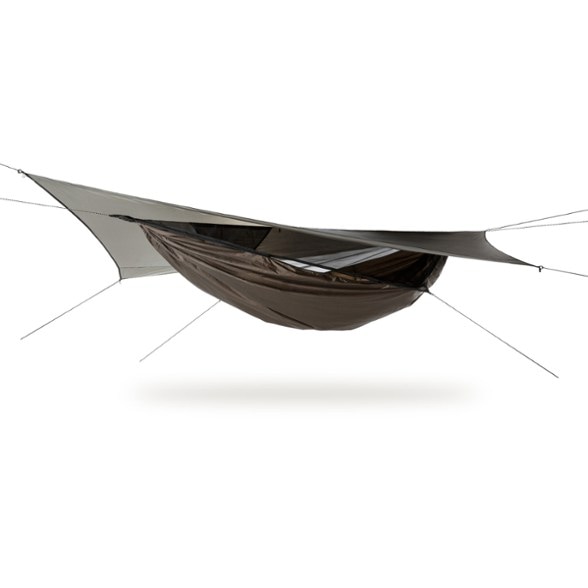 Hennessy Explorer ultralight hammock setup showing asymmetric rainfly and mesh canopy in forest