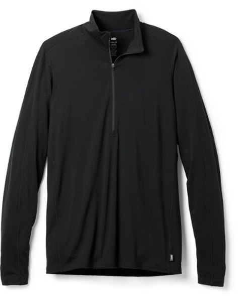Men’s tall merino wool base layer front view showcasing half zip design and standing collar