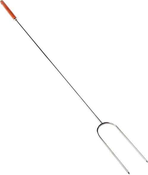 Close-up of heavy-duty roasting fork with wooden handle ready for campfire cooking