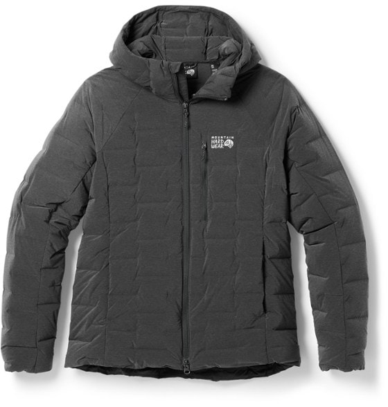 Mountain Hardwear Women's Stretchdown Insulated Hoody showcasing the insulated hood and zipper pockets