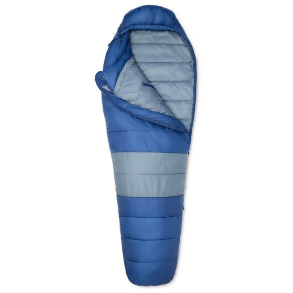 Eco-friendly mummy sleeping bag showcasing recycled materials and design.