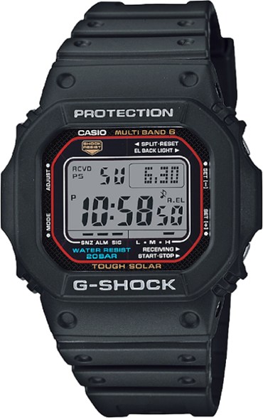 G-Shock GWM5610 watch with a sleek black resin band, showcasing its digital display and atomic timekeeping features.