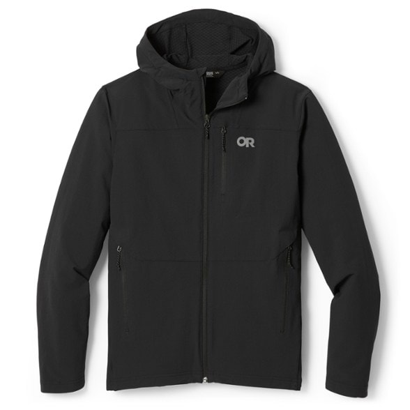 Men's soft shell hoodie in action on a mountain hike, showcasing its breathable fabric.