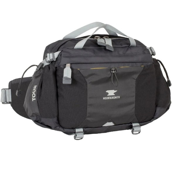 Mountainsmith TourPro small hiking backpack front view showing water bottle pockets and waistbelt
