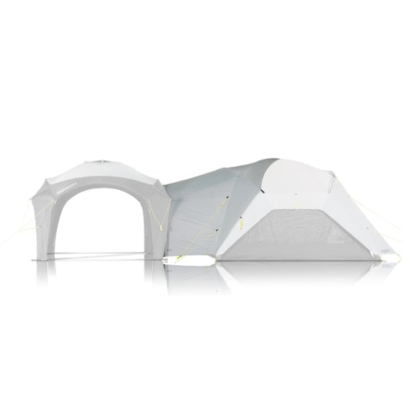 Aerospeed 10 Air Tent Shelter Connector in use, showing waterproof attachment to Speedbase 2.