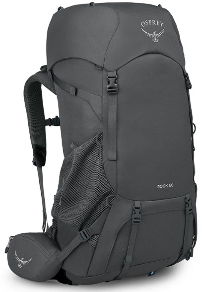 Osprey Rook 50 backpack with adjustable torso and raincover ready for hiking.
